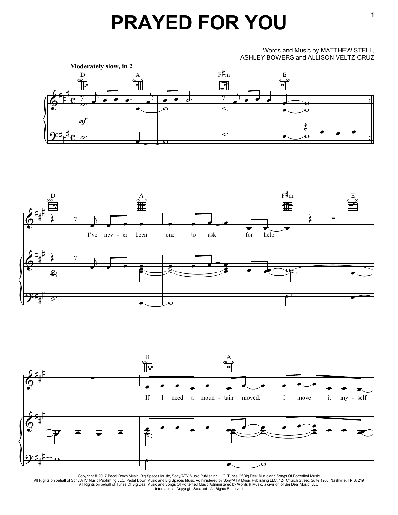 Matt Stell Prayed For You Sheet Music Notes & Chords for Piano, Vocal & Guitar (Right-Hand Melody) - Download or Print PDF