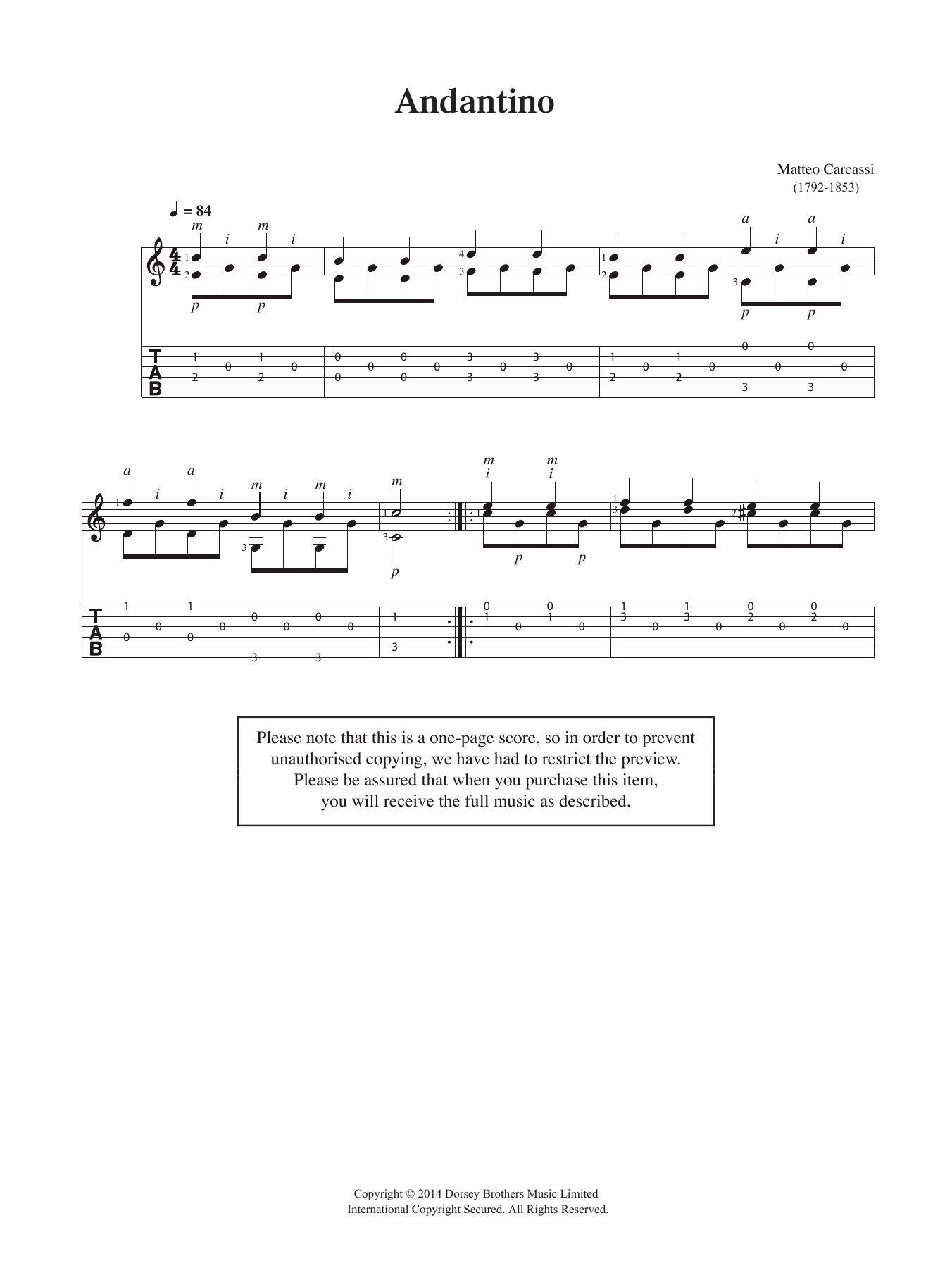 Matteo Carcassi Andantino Sheet Music Notes & Chords for Solo Guitar - Download or Print PDF