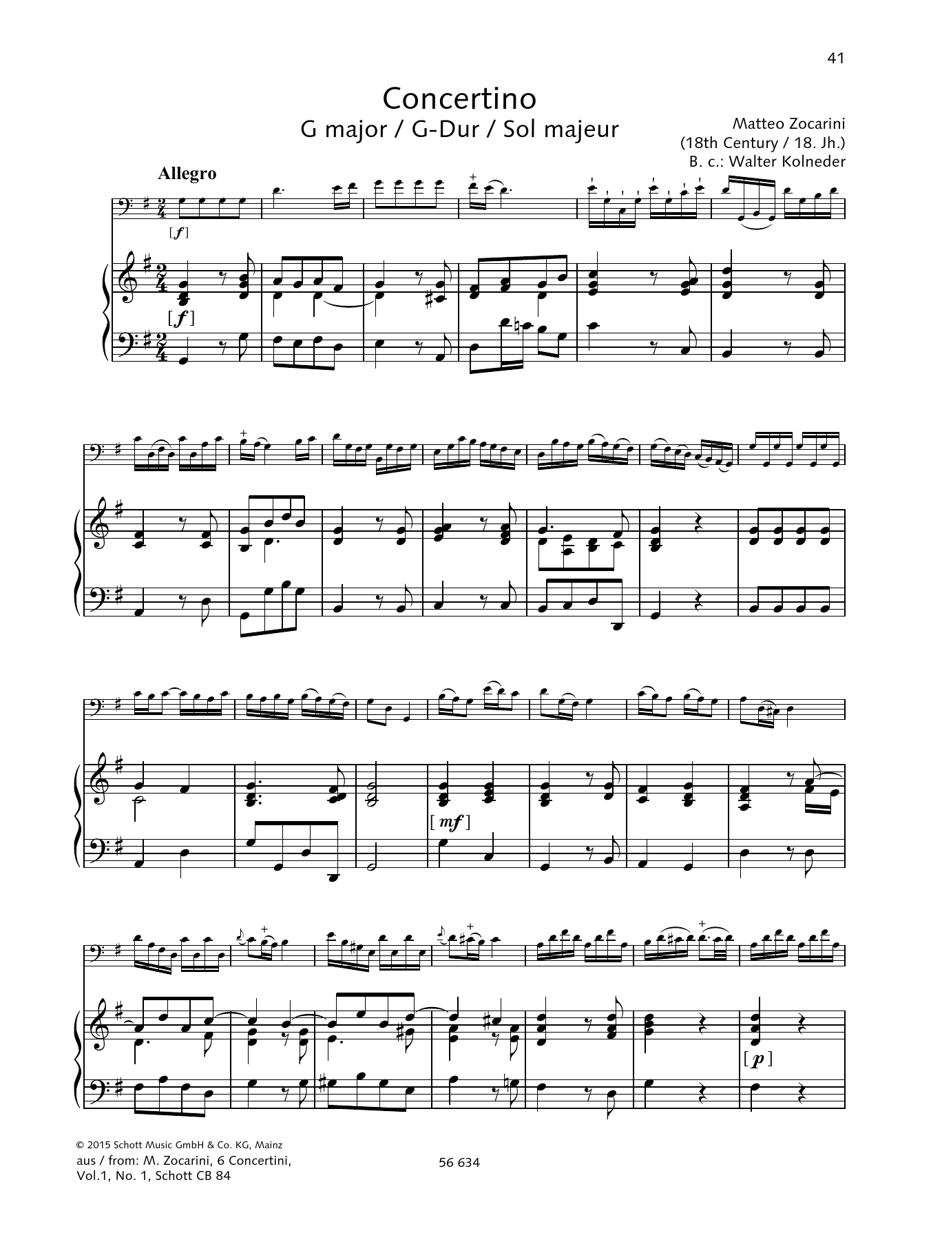 Matteo Zocarini Concertino G major Sheet Music Notes & Chords for String Solo - Download or Print PDF