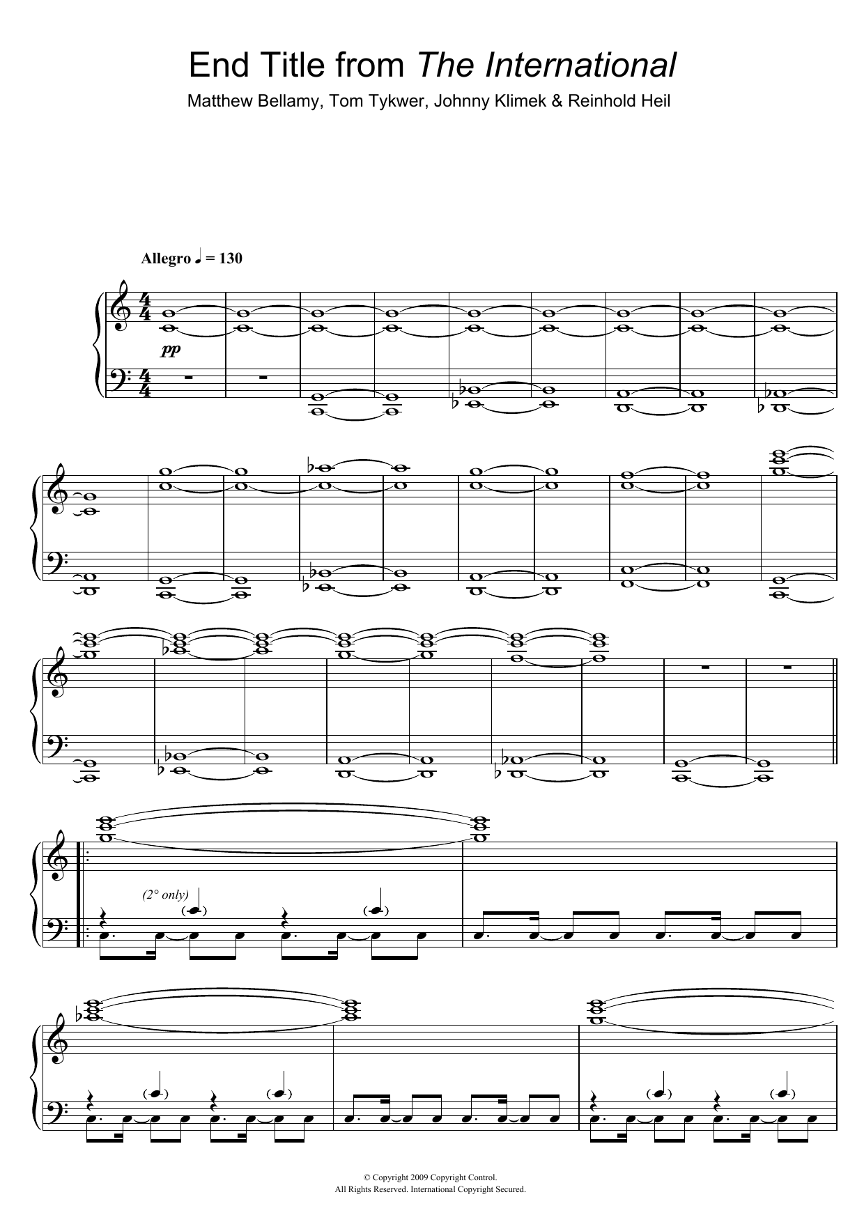 Matthew Bellamy End Title (from The International) Sheet Music Notes & Chords for Piano - Download or Print PDF