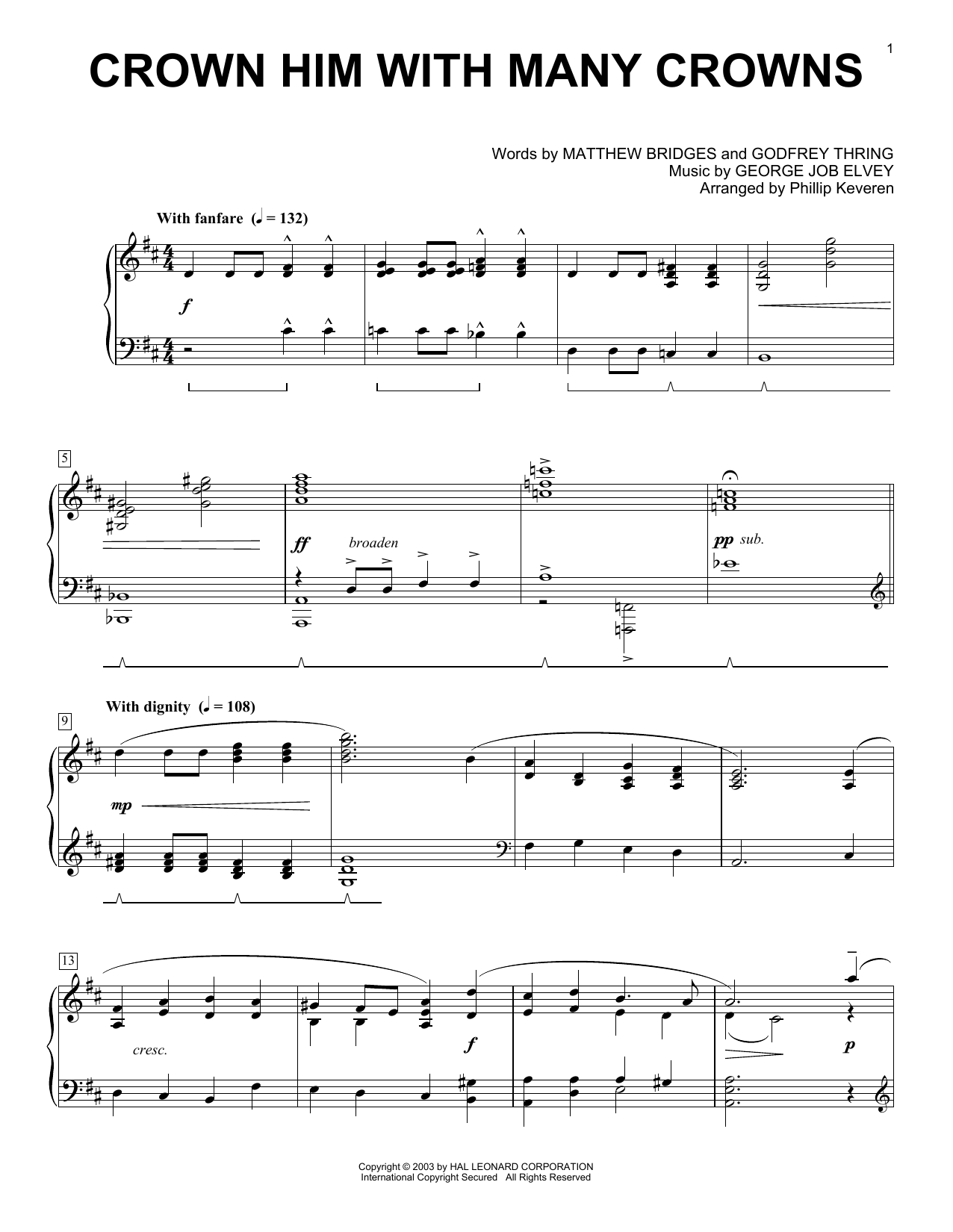 Matthew Bridges Crown Him With Many Crowns Sheet Music Notes & Chords for Piano - Download or Print PDF