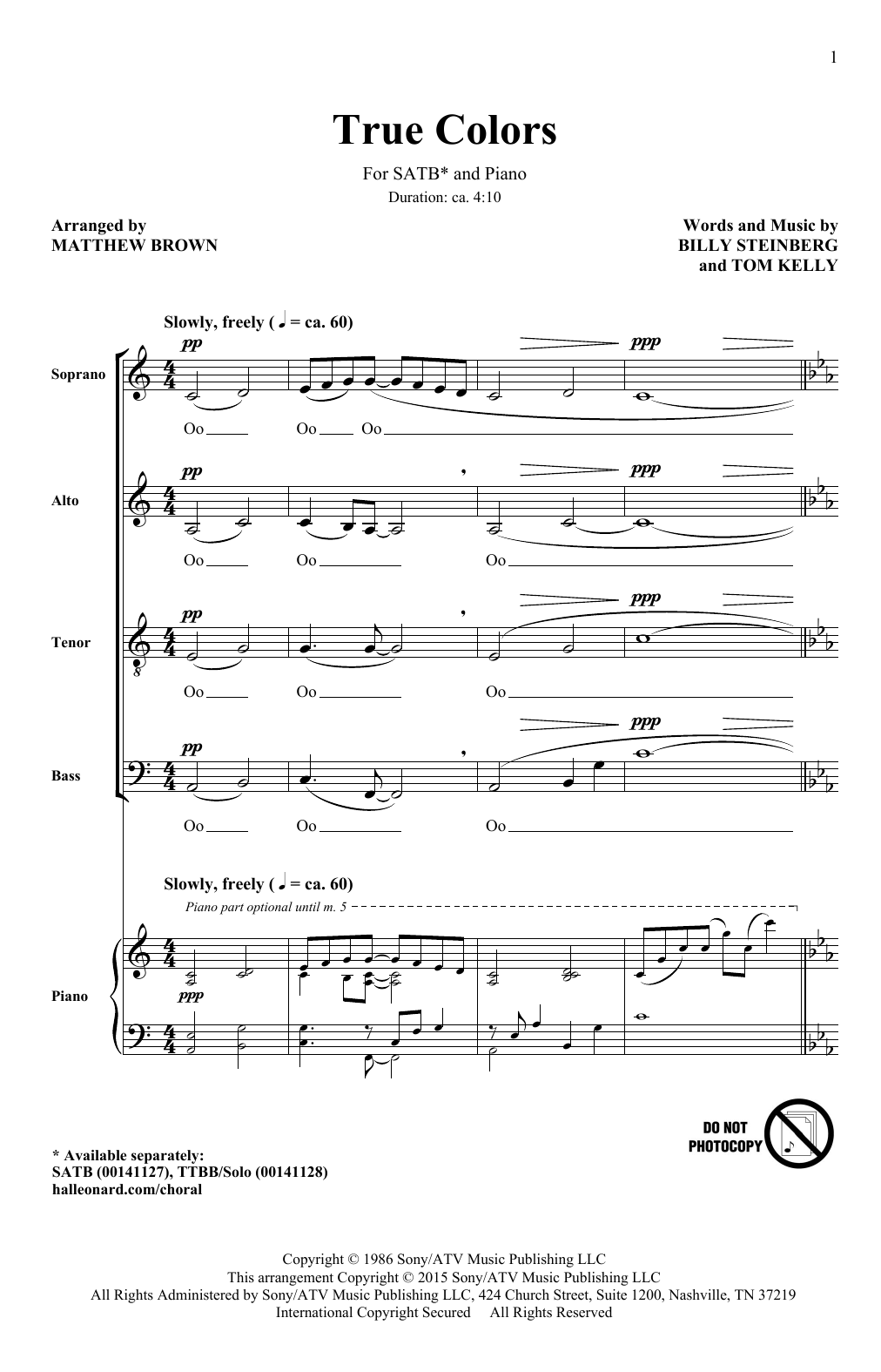 Matthew Brown True Colors Sheet Music Notes & Chords for TTBB - Download or Print PDF