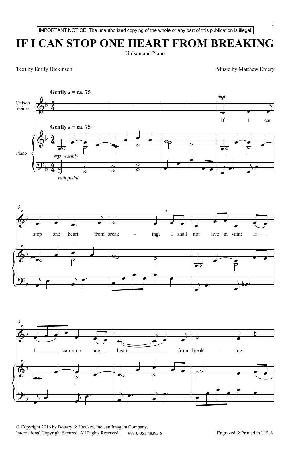 Matthew Emery If I Can Stop One Heart From Breaking Sheet Music Notes & Chords for Unison Choral - Download or Print PDF