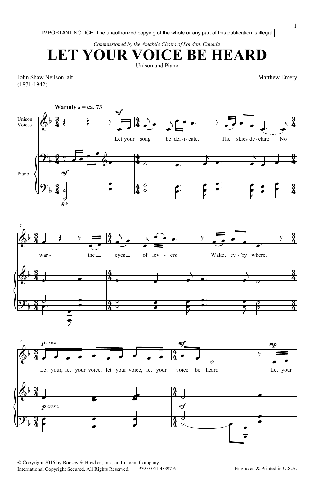 Matthew Emery Let Your Voice Be Heard Sheet Music Notes & Chords for Unison Choral - Download or Print PDF