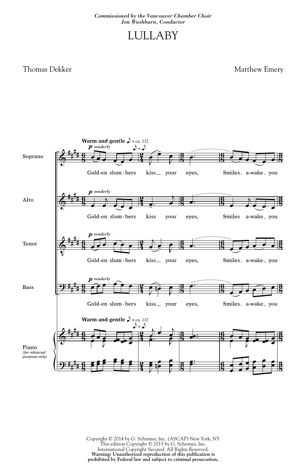 Matthew Emery Lullaby Sheet Music Notes & Chords for SATB - Download or Print PDF