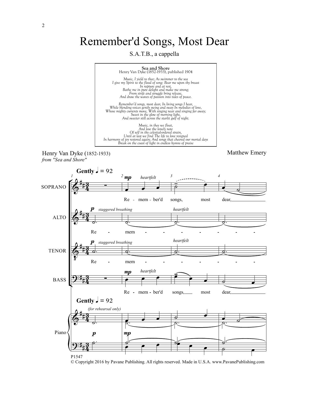 Matthew Emery Remember'd Songs, Most Dear Sheet Music Notes & Chords for Choral - Download or Print PDF
