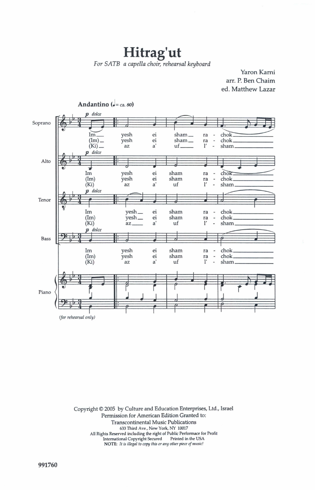 Matthew Lazar Hitrag'ut (Tranquility) (arr. Paul Ben-Haim) Sheet Music Notes & Chords for SATB Choir - Download or Print PDF