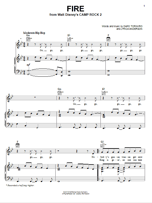 Matthew Mdot Finley Fire (from Camp Rock 2) Sheet Music Notes & Chords for Piano, Vocal & Guitar (Right-Hand Melody) - Download or Print PDF