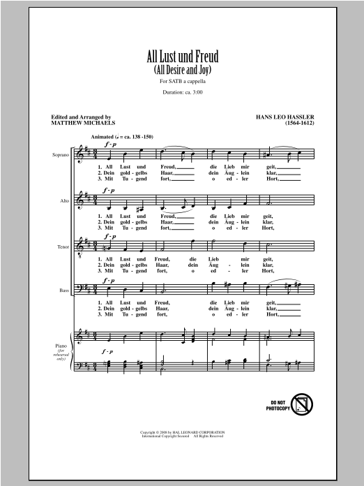 Hans Leo Hassler All Lust Und Freud (All Desire And Joy) (arr. Matthew Michaels) Sheet Music Notes & Chords for SATB - Download or Print PDF