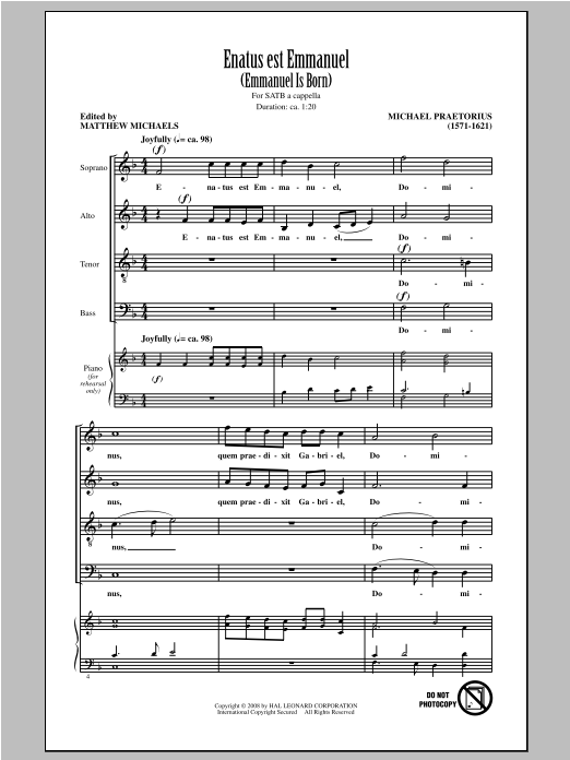 Michael Praetorius Enatus Est Emmanuel Sheet Music Notes & Chords for SATB - Download or Print PDF