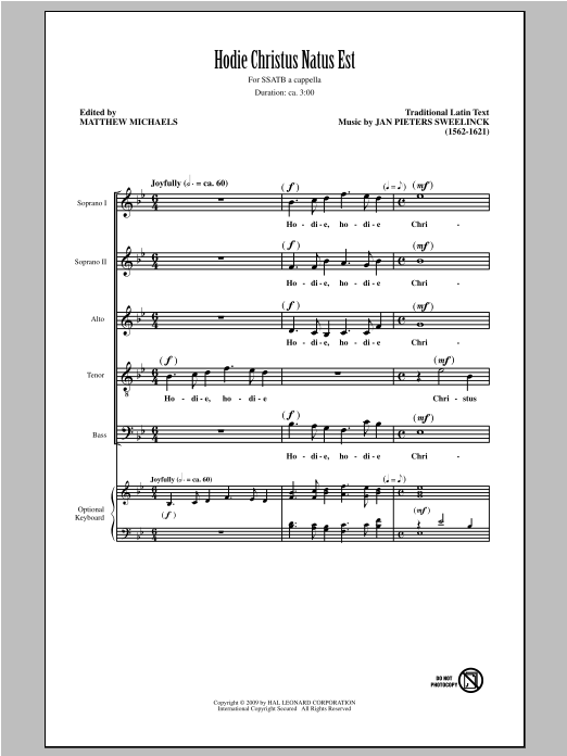 Jan Pieterszoon Sweelinck Hodie Christus Natus Est (arr. Matthew Michaels) Sheet Music Notes & Chords for SATB - Download or Print PDF