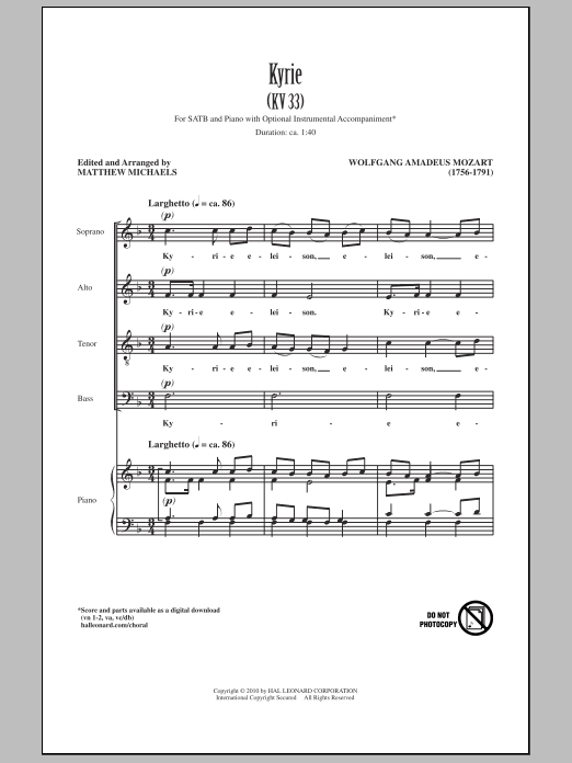 Matthew Michaels Kyrie (KV33) Sheet Music Notes & Chords for SATB - Download or Print PDF