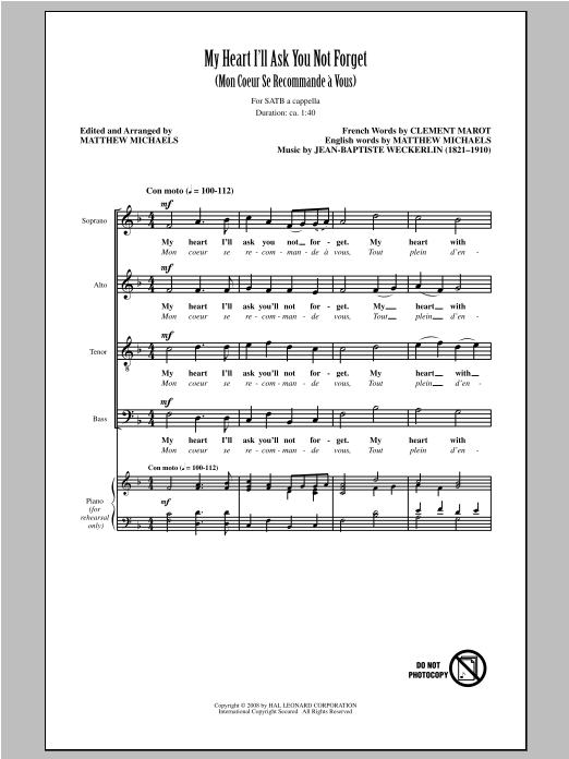 Jean-Baptiste Weckerlin My Heart I'll Ask You Not Forget (arr. Matthew Michaels) Sheet Music Notes & Chords for SATB - Download or Print PDF