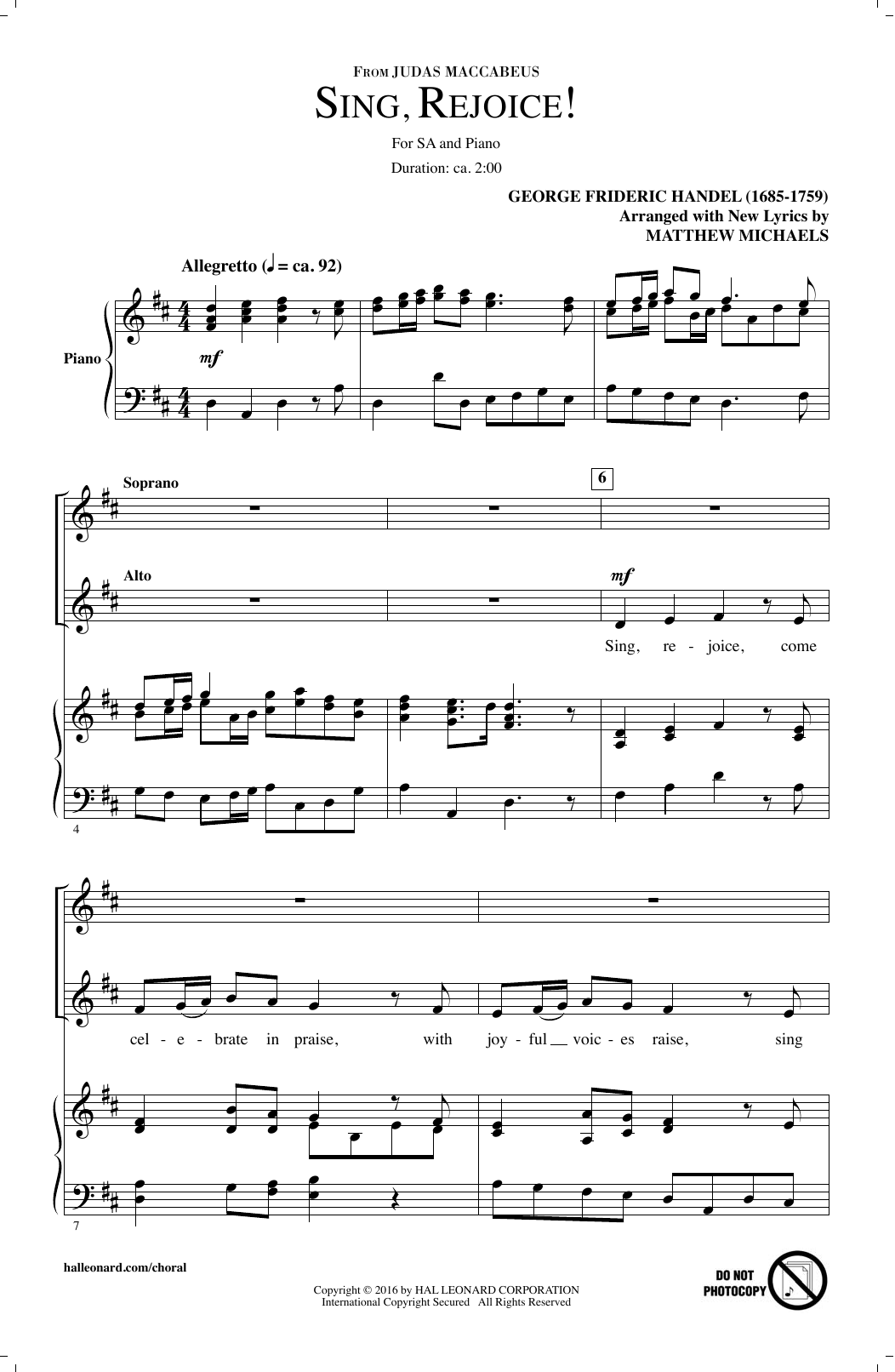 Matthew Michaels Sing, Rejoice! (from Judas Maccabaeus) Sheet Music Notes & Chords for 2-Part Choir - Download or Print PDF