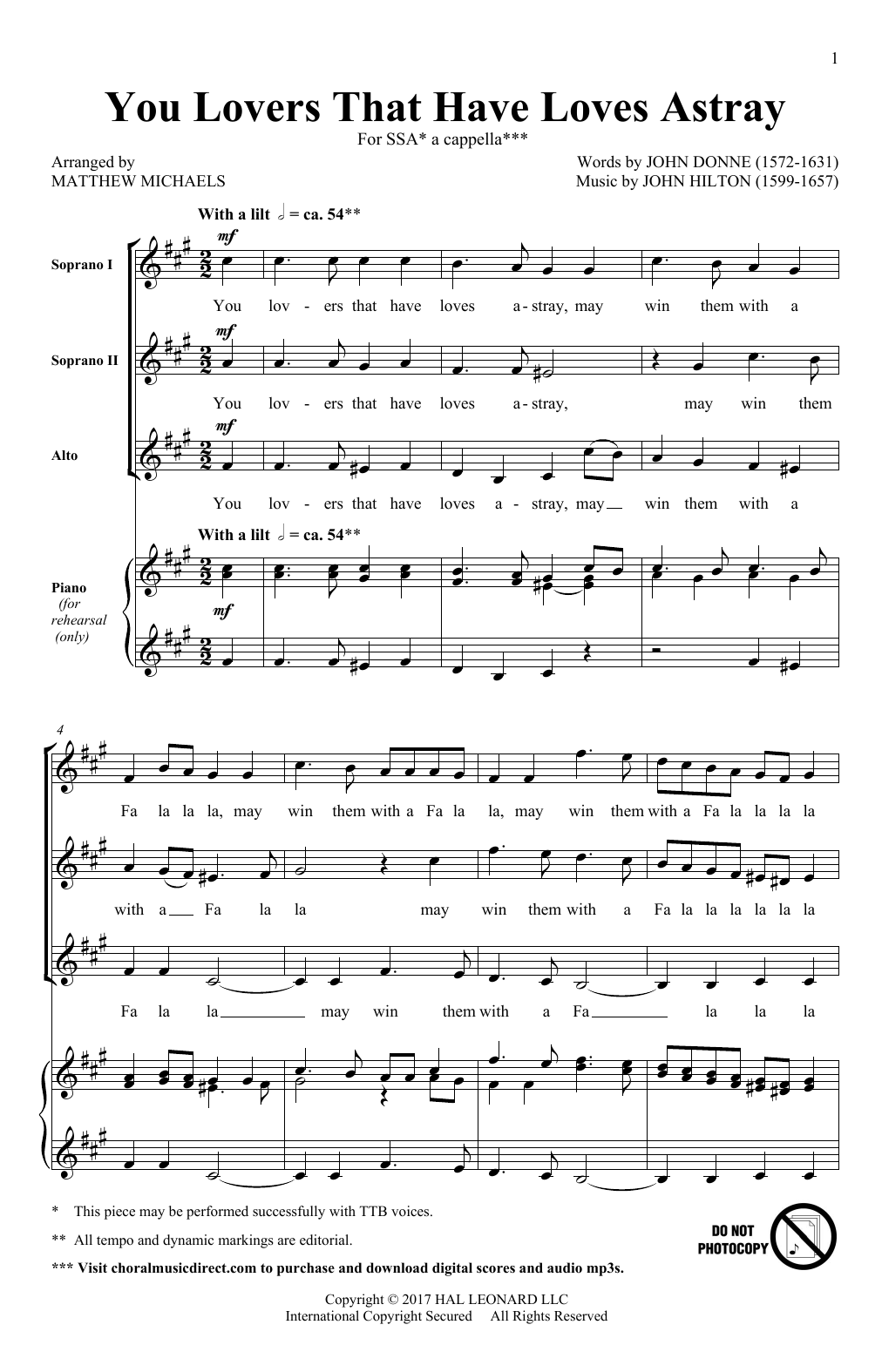 Matthew Michaels You Lovers That Have Loves Astray Sheet Music Notes & Chords for SSA - Download or Print PDF