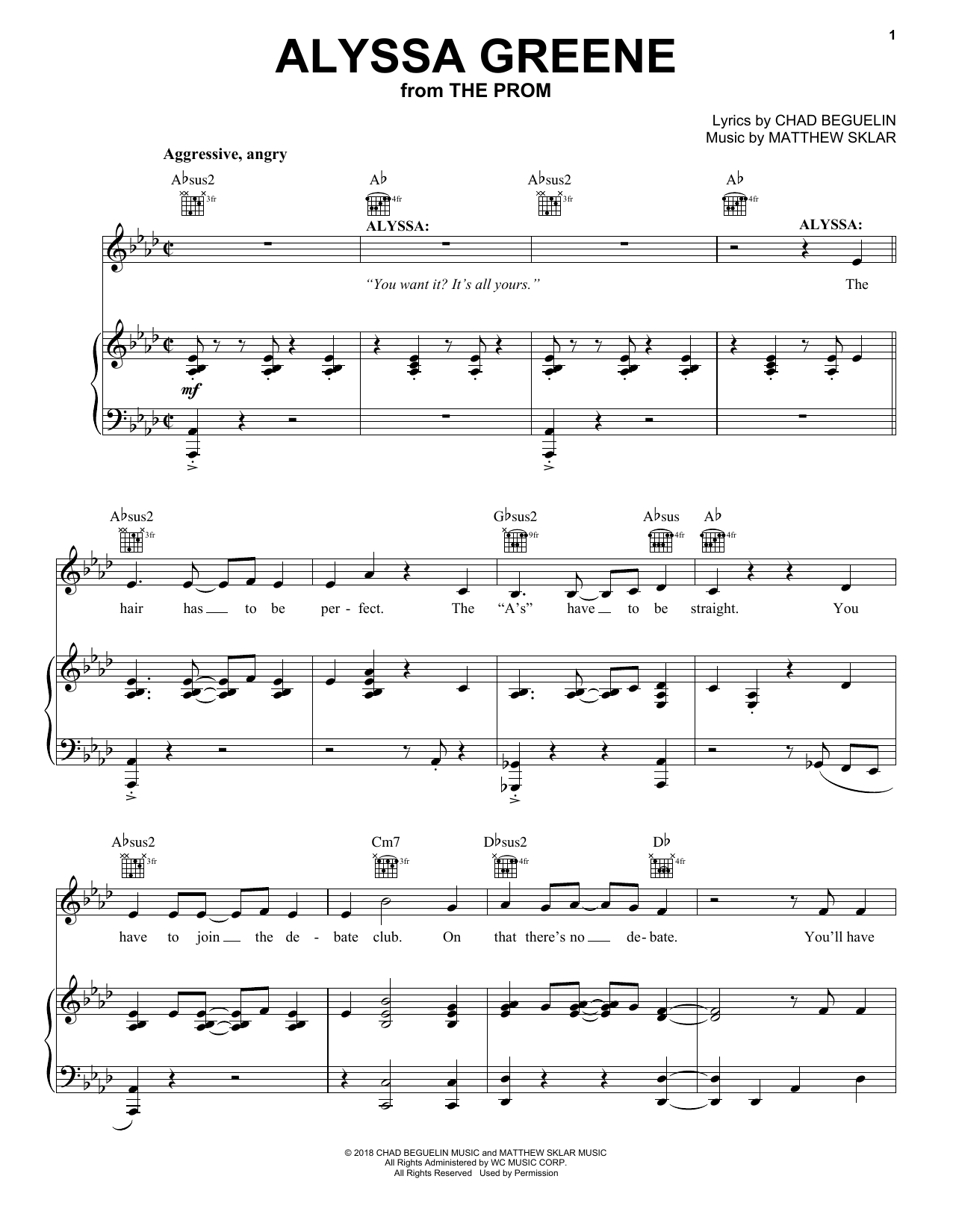 Matthew Sklar & Chad Beguelin Alyssa Greene (from The Prom) Sheet Music Notes & Chords for Piano, Vocal & Guitar Chords (Right-Hand Melody) - Download or Print PDF