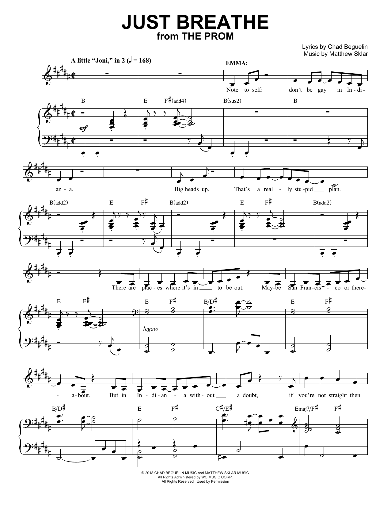 Matthew Sklar & Chad Beguelin Just Breathe (from The Prom: A New Musical) Sheet Music Notes & Chords for Piano & Vocal - Download or Print PDF