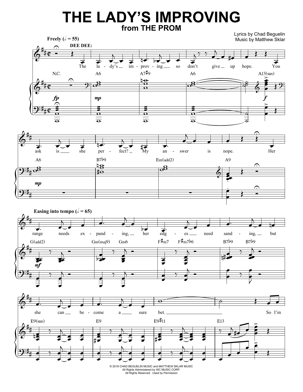 Matthew Sklar & Chad Beguelin The Lady's Improving (from The Prom: A New Musical) Sheet Music Notes & Chords for Piano & Vocal - Download or Print PDF Matthew Sklar & Chad Beguelin The Lady's Improving (from The Prom: A New Musical) Sheet Music Notes & Chords for Piano & Vocal - Download or Print PDF