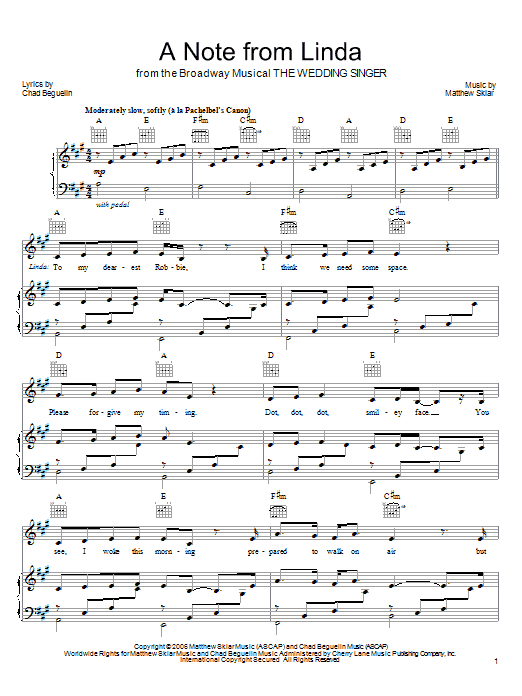 Matthew Sklar A Note From Linda Sheet Music Notes & Chords for Piano, Vocal & Guitar (Right-Hand Melody) - Download or Print PDF