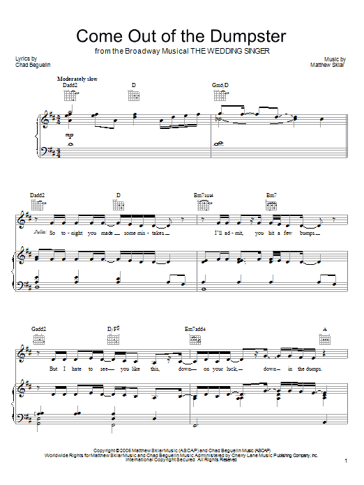 Matthew Sklar Come Out Of The Dumpster Sheet Music Notes & Chords for Piano, Vocal & Guitar (Right-Hand Melody) - Download or Print PDF
