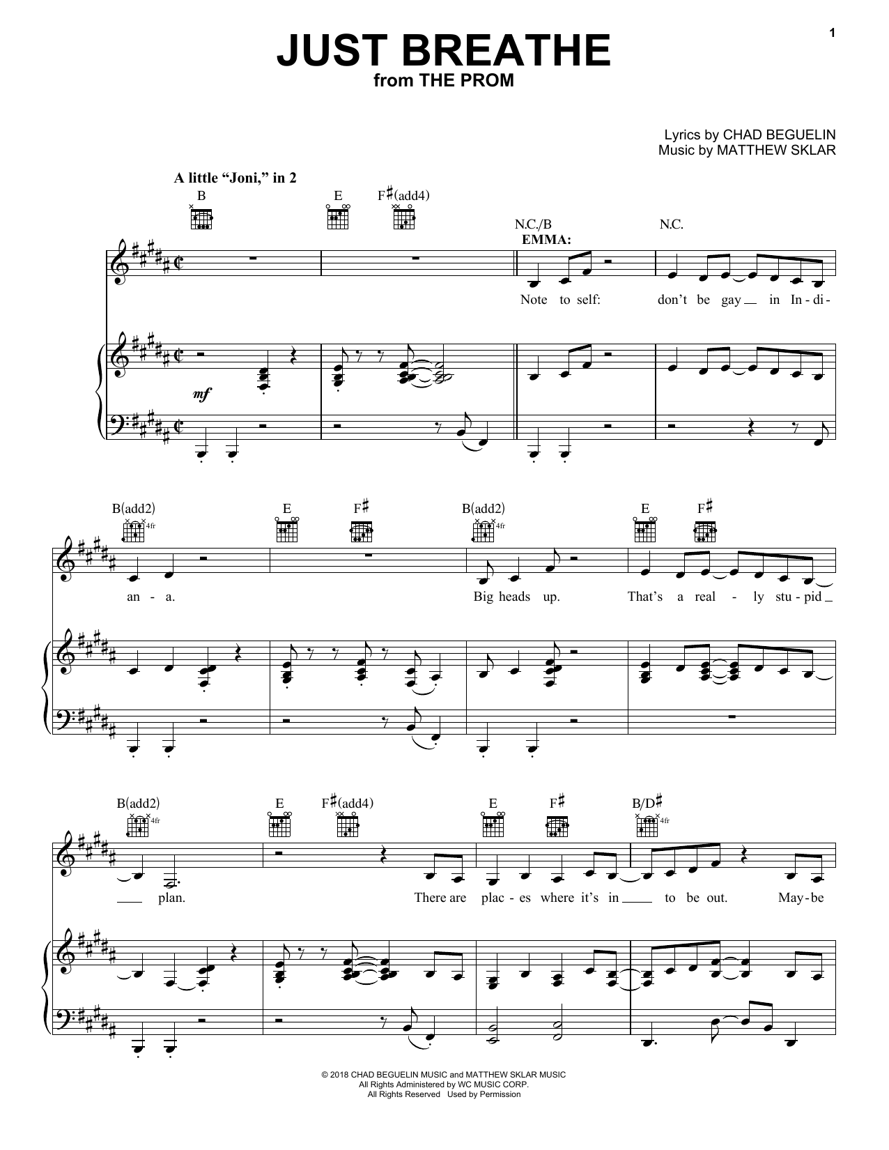 Matthew Sklar Just Breathe (from The Prom) Sheet Music Notes & Chords for Piano, Vocal & Guitar Chords (Right-Hand Melody) - Download or Print PDF