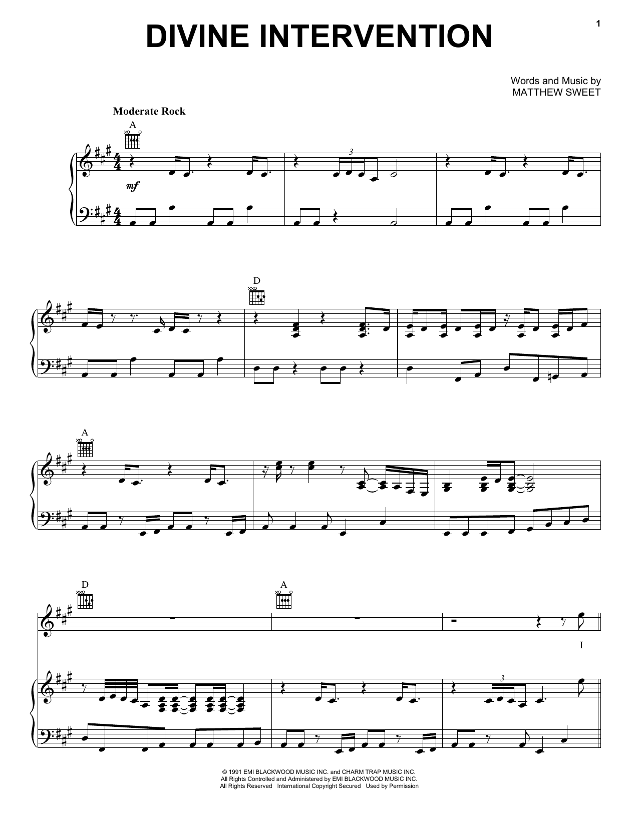 Matthew Sweet Divine Intervention Sheet Music Notes & Chords for Piano, Vocal & Guitar (Right-Hand Melody) - Download or Print PDF