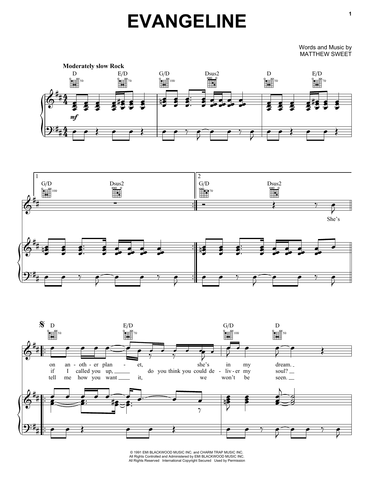 Matthew Sweet Evangeline Sheet Music Notes & Chords for Piano, Vocal & Guitar Chords (Right-Hand Melody) - Download or Print PDF