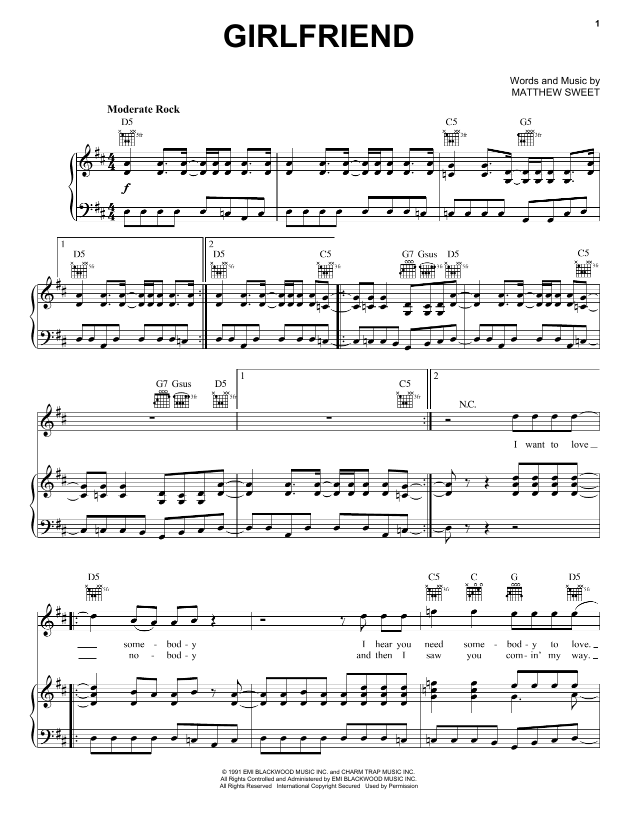 Matthew Sweet Girlfriend Sheet Music Notes & Chords for Piano, Vocal & Guitar (Right-Hand Melody) - Download or Print PDF