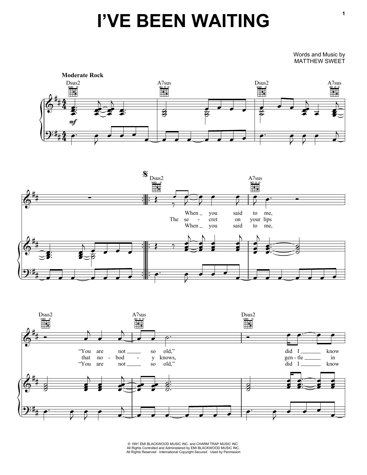 Matthew Sweet I've Been Waiting Sheet Music Notes & Chords for Piano, Vocal & Guitar Chords (Right-Hand Melody) - Download or Print PDF
