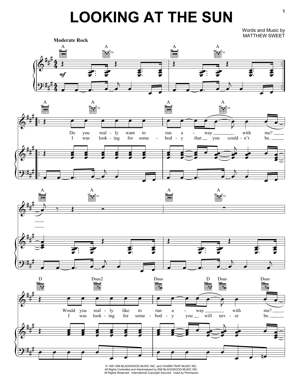 Matthew Sweet Looking At The Sun Sheet Music Notes & Chords for Piano, Vocal & Guitar Chords (Right-Hand Melody) - Download or Print PDF