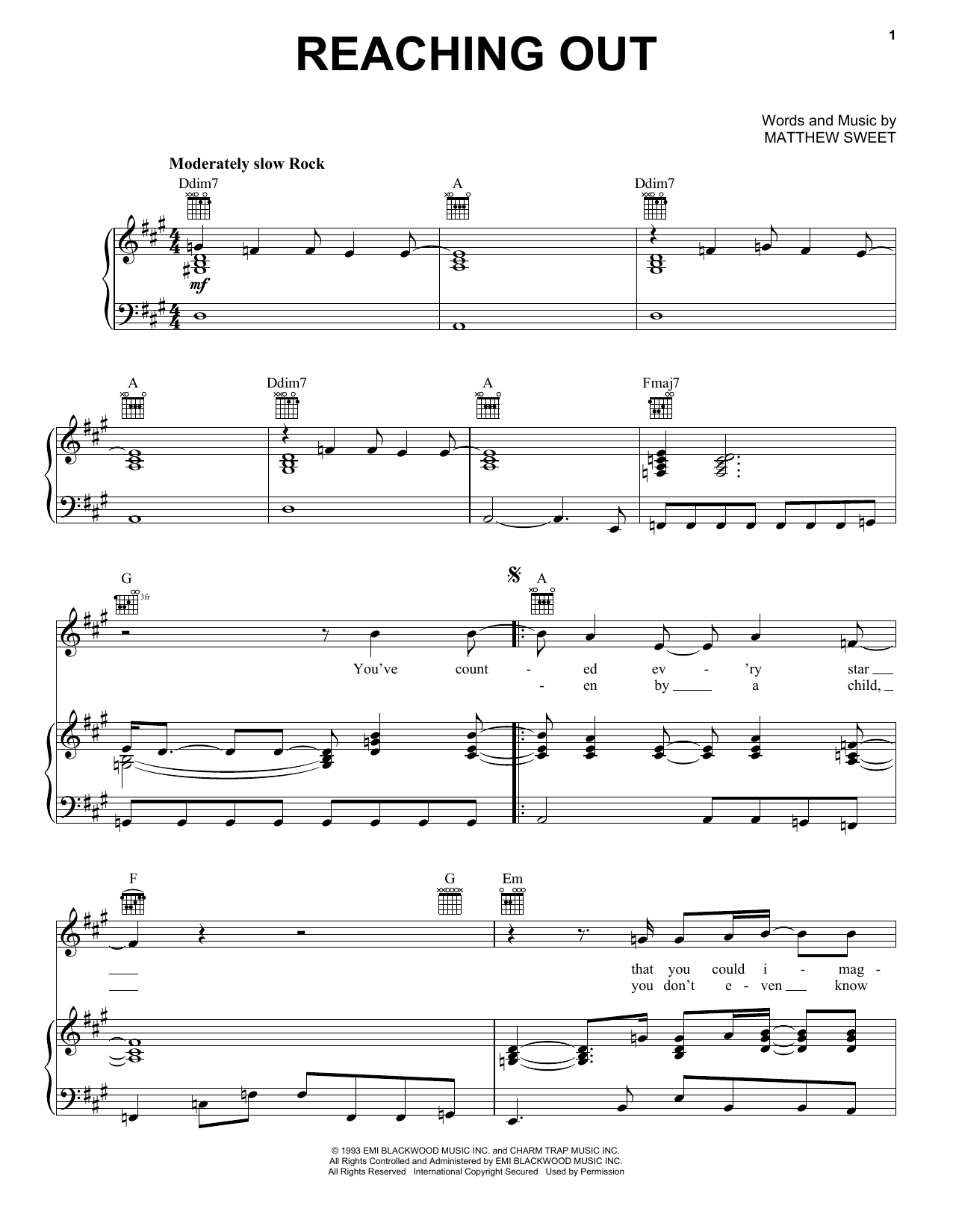 Matthew Sweet Reaching Out Sheet Music Notes & Chords for Piano, Vocal & Guitar Chords (Right-Hand Melody) - Download or Print PDF