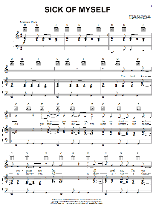 Matthew Sweet Sick Of Myself Sheet Music Notes & Chords for Piano, Vocal & Guitar (Right-Hand Melody) - Download or Print PDF