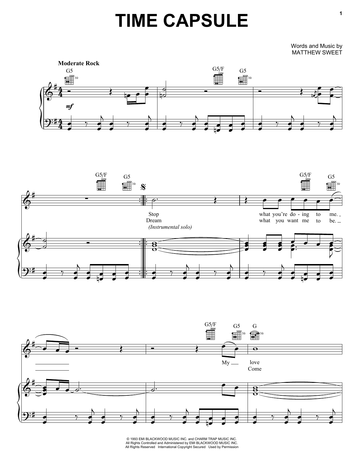Matthew Sweet Time Capsule Sheet Music Notes & Chords for Piano, Vocal & Guitar Chords (Right-Hand Melody) - Download or Print PDF Matthew Sweet Time Capsule Sheet Music Notes & Chords for Piano, Vocal & Guitar Chords (Right-Hand Melody) - Download or Print PDF