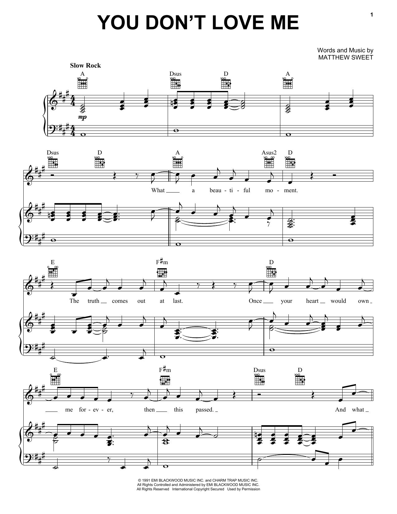 Matthew Sweet You Don't Love Me Sheet Music Notes & Chords for Piano, Vocal & Guitar Chords (Right-Hand Melody) - Download or Print PDF