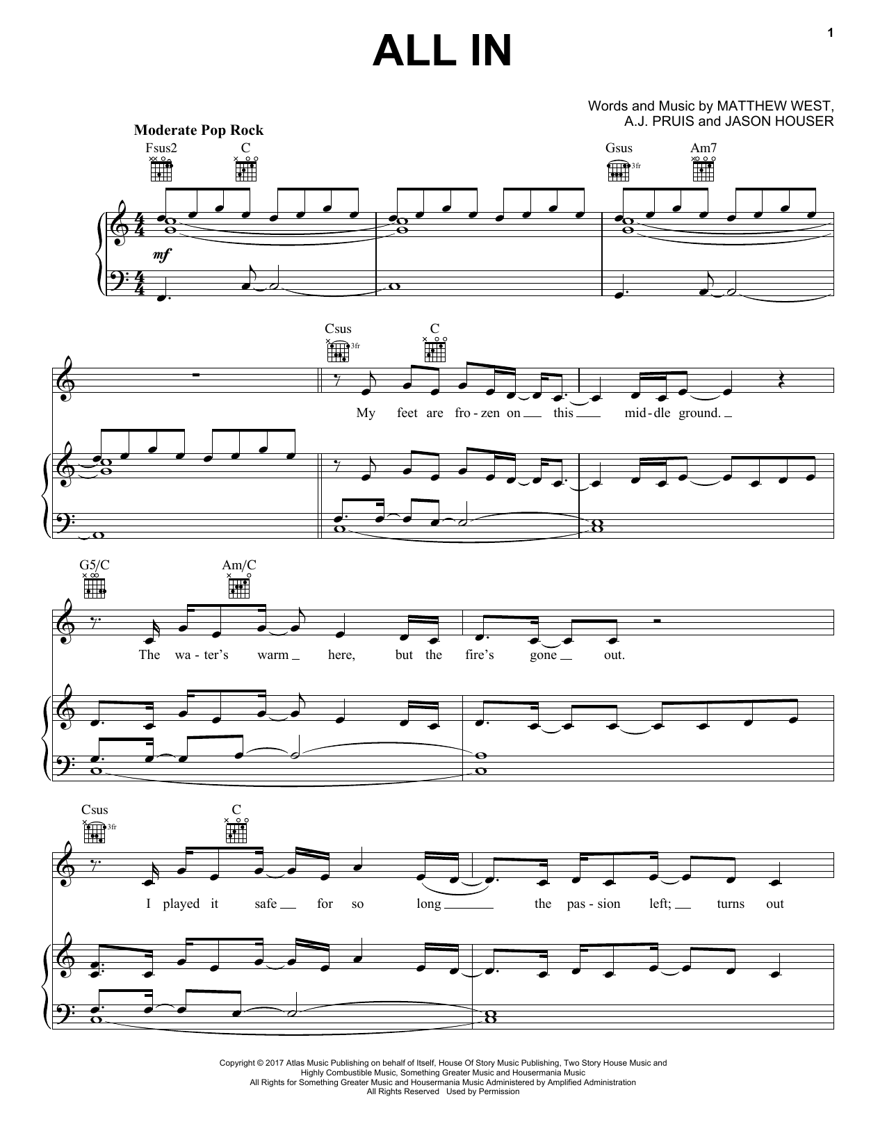 Matthew West All In Sheet Music Notes & Chords for Piano, Vocal & Guitar (Right-Hand Melody) - Download or Print PDF
