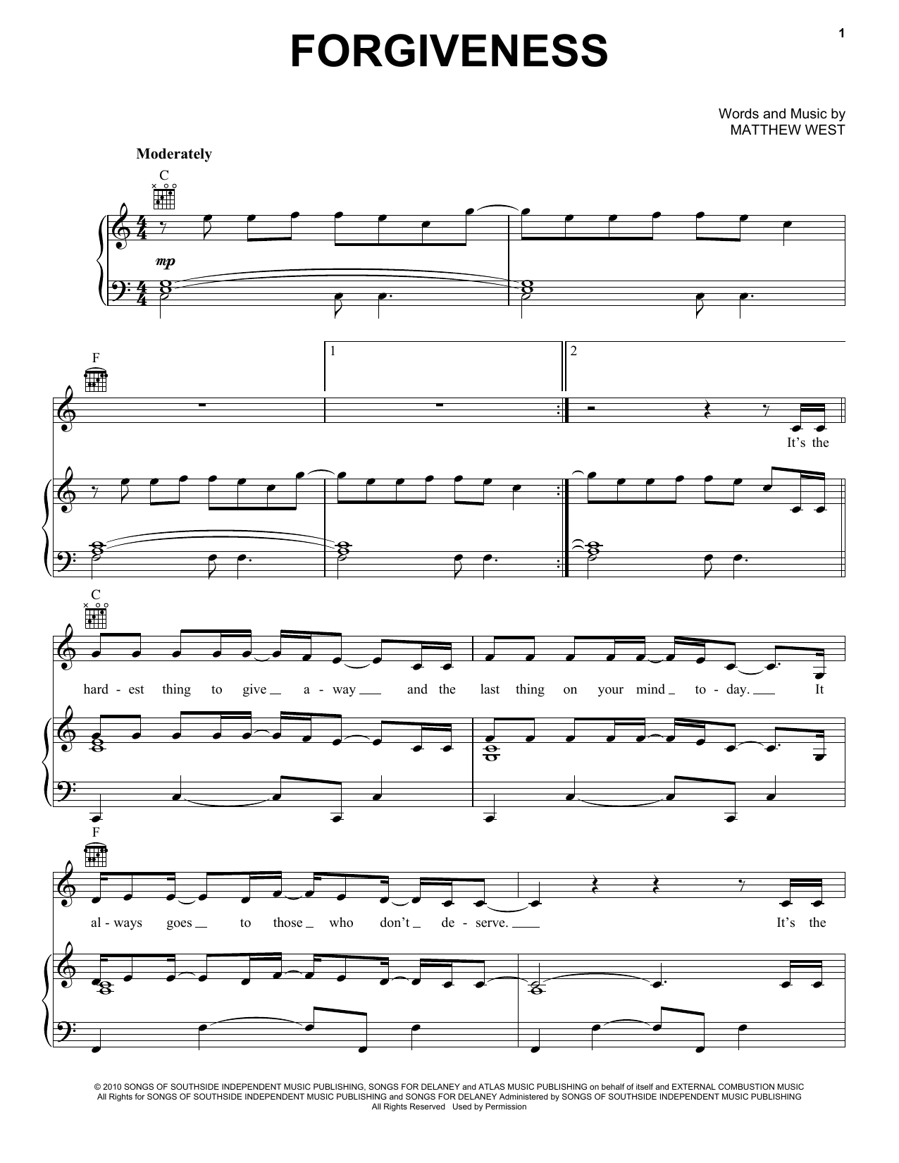 Matthew West Forgiveness Sheet Music Notes & Chords for Piano, Vocal & Guitar (Right-Hand Melody) - Download or Print PDF
