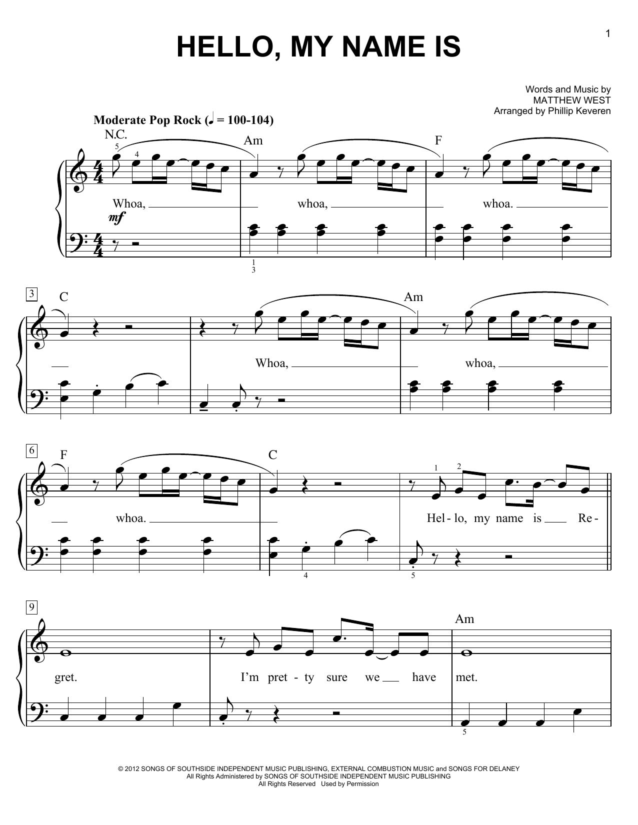 Phillip Keveren Hello, My Name Is Sheet Music Notes & Chords for Easy Piano - Download or Print PDF