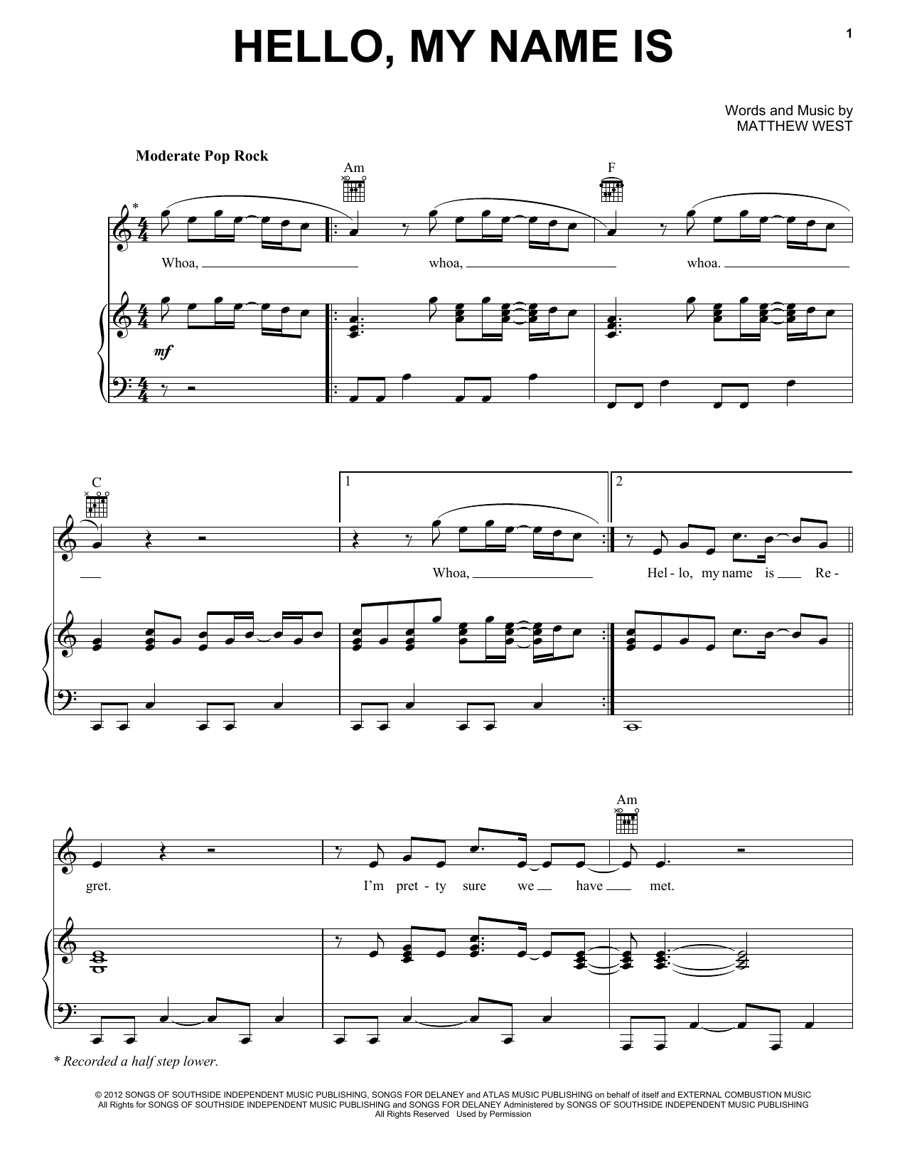 Matthew West Hello, My Name Is Sheet Music Notes & Chords for Piano, Vocal & Guitar (Right-Hand Melody) - Download or Print PDF