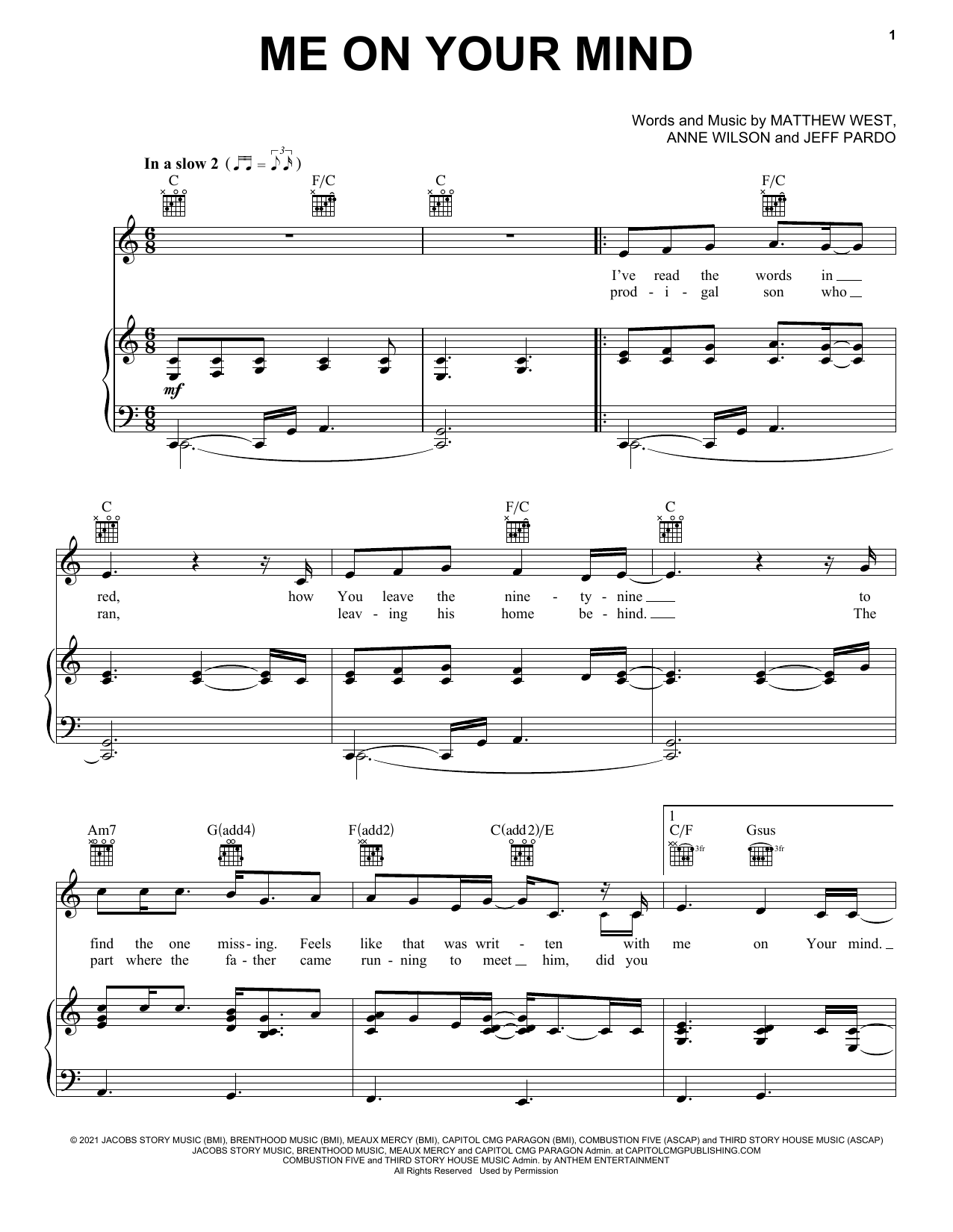 Matthew West Me On Your Mind Sheet Music Notes & Chords for Piano, Vocal & Guitar Chords (Right-Hand Melody) - Download or Print PDF