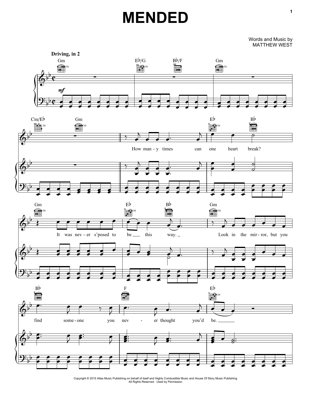 Matthew West Mended Sheet Music Notes & Chords for Piano, Vocal & Guitar (Right-Hand Melody) - Download or Print PDF