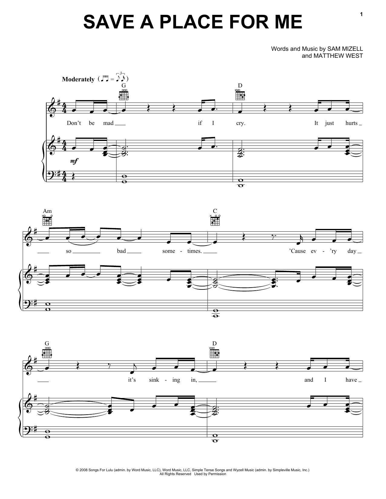 Matthew West Save A Place For Me Sheet Music Notes & Chords for Piano, Vocal & Guitar (Right-Hand Melody) - Download or Print PDF