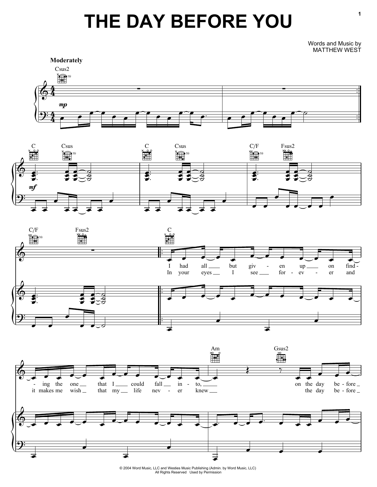 Matthew West The Day Before You Sheet Music Notes & Chords for Piano, Vocal & Guitar (Right-Hand Melody) - Download or Print PDF