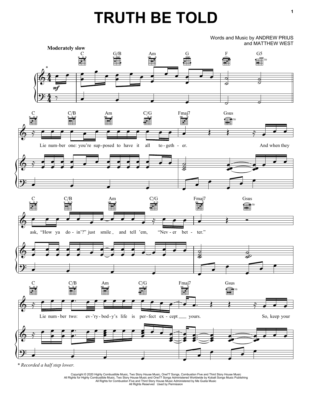 Matthew West Truth Be Told Sheet Music Notes & Chords for Piano, Vocal & Guitar (Right-Hand Melody) - Download or Print PDF