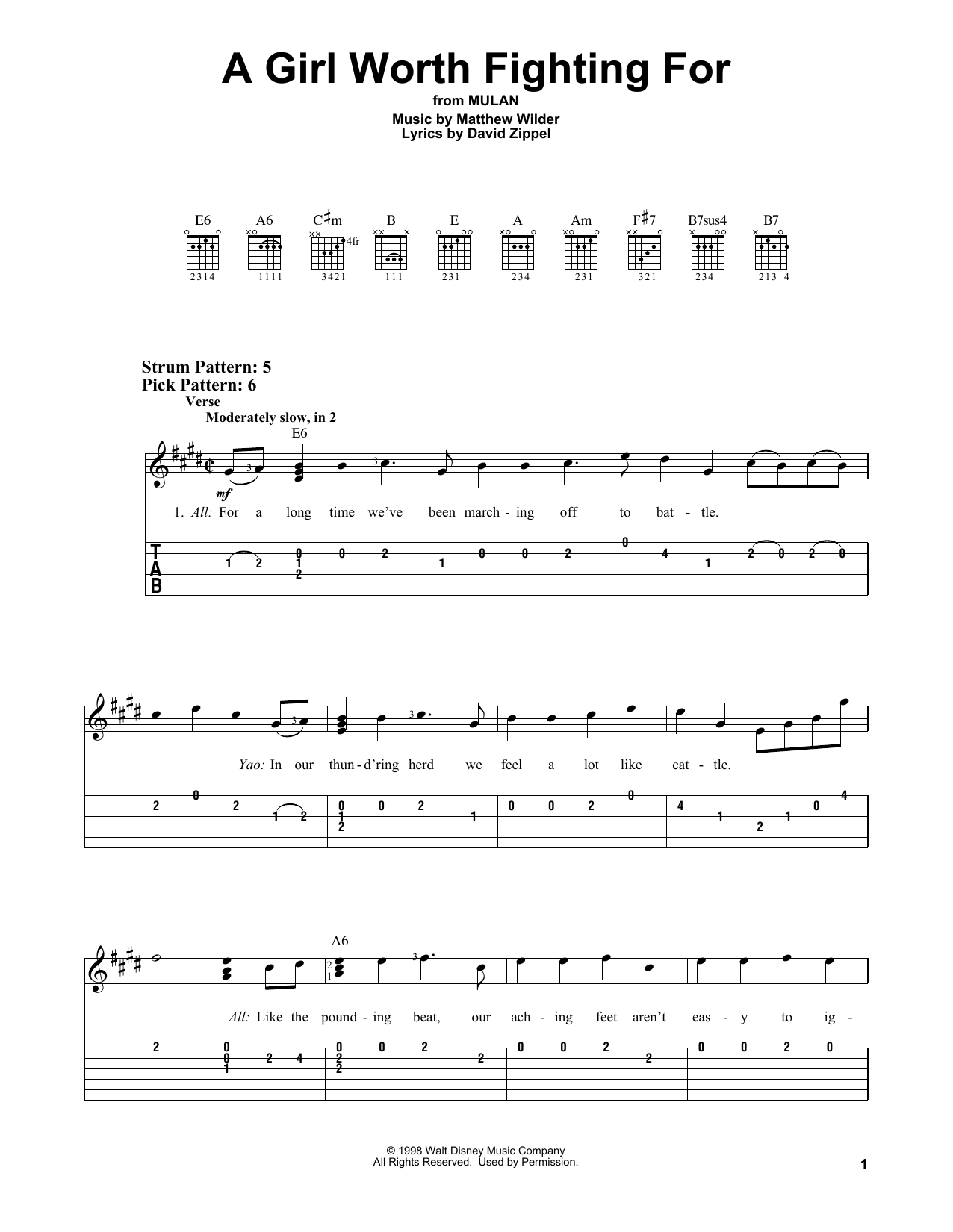 Matthew Wilder & David Zippel A Girl Worth Fighting For (from Mulan) Sheet Music Notes & Chords for Easy Guitar Tab - Download or Print PDF