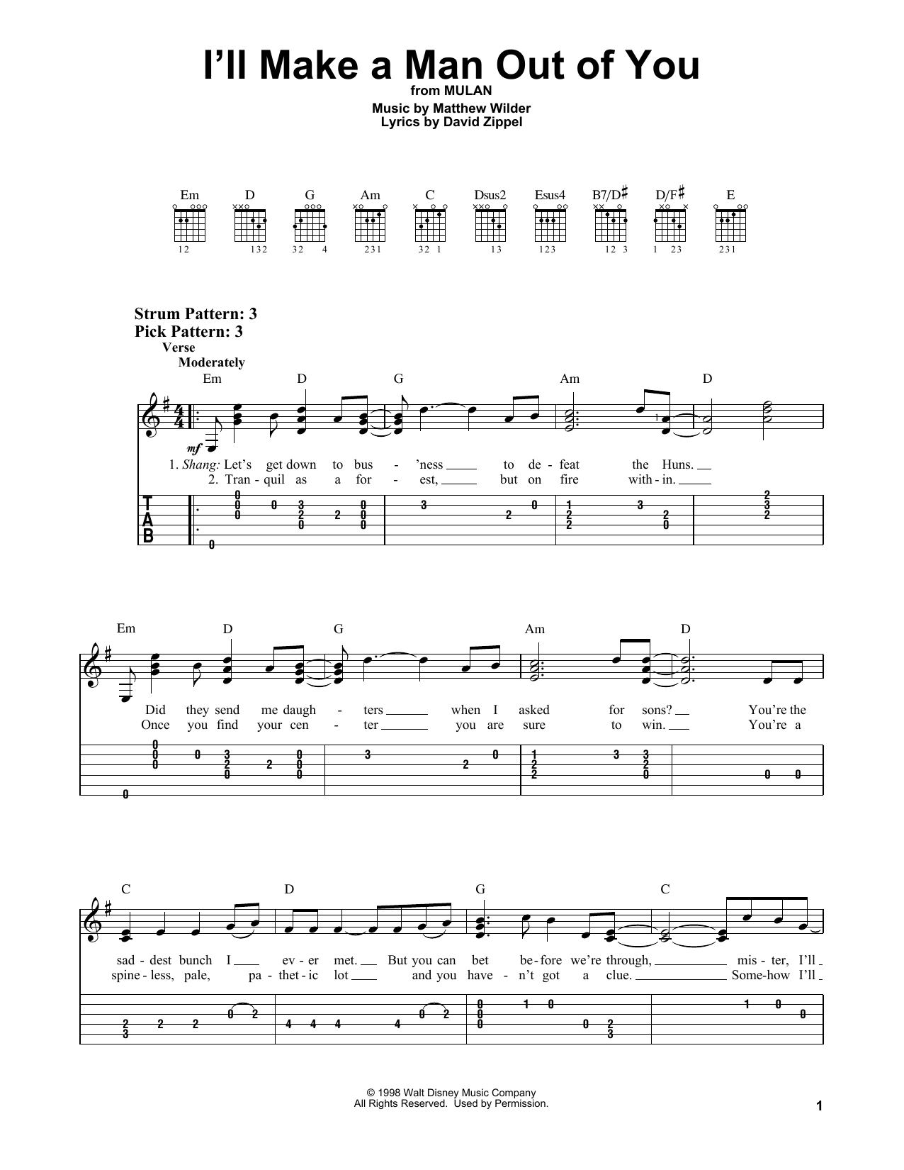 Matthew Wilder & David Zippel I'll Make A Man Out Of You (from Mulan) Sheet Music Notes & Chords for Easy Guitar Tab - Download or Print PDF