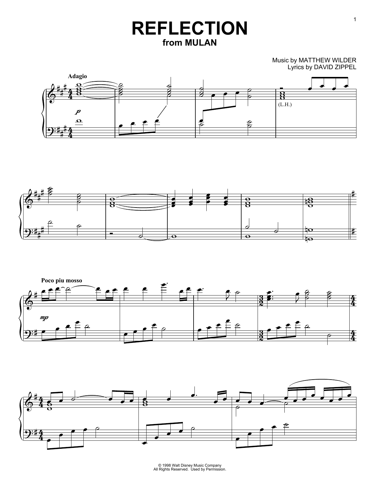 Matthew Wilder Reflection (from Mulan) [Classical version] Sheet Music Notes & Chords for Piano Solo - Download or Print PDF