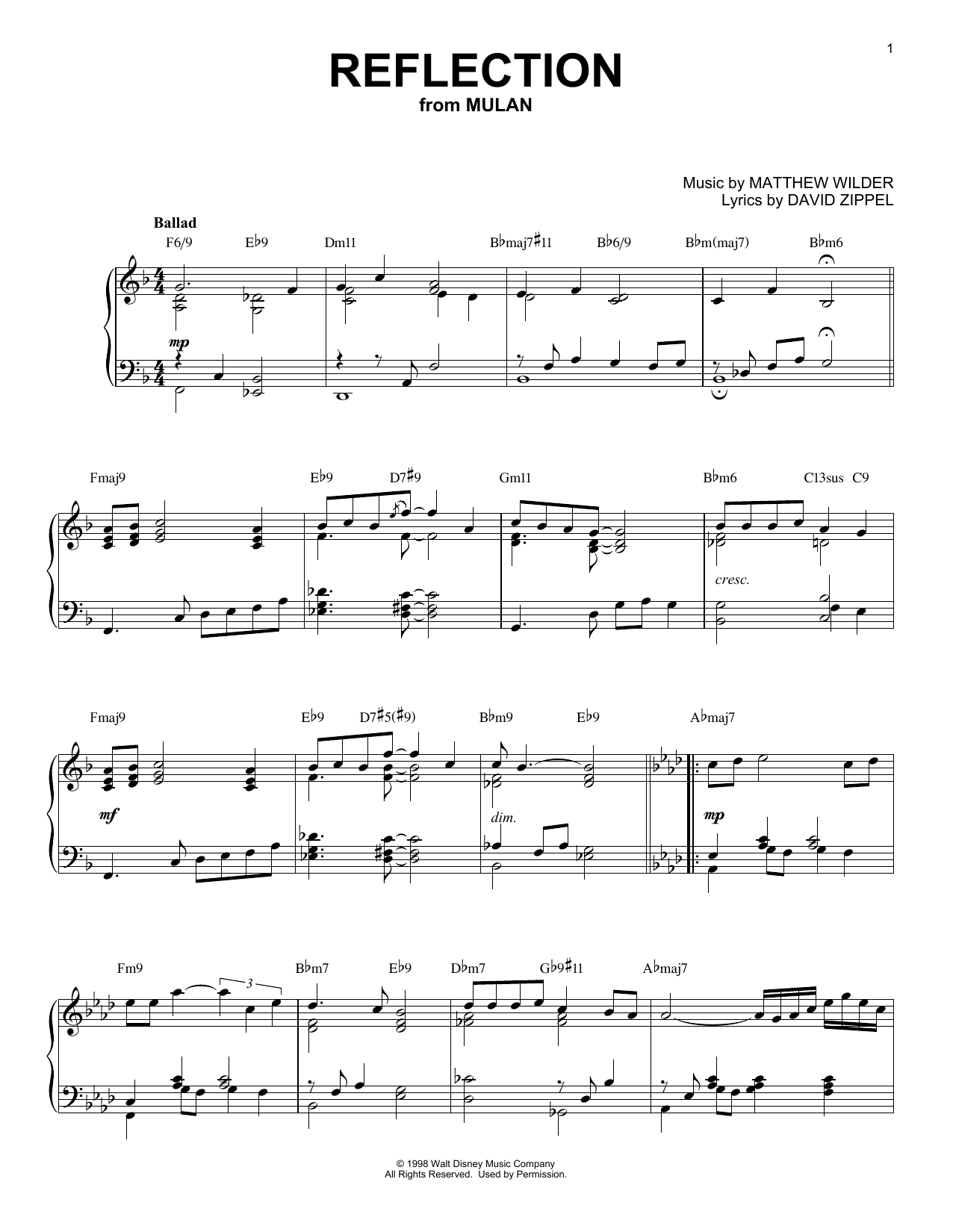 David Zippel Reflection [Jazz version] (from Disney's Mulan) Sheet Music Notes & Chords for Piano - Download or Print PDF