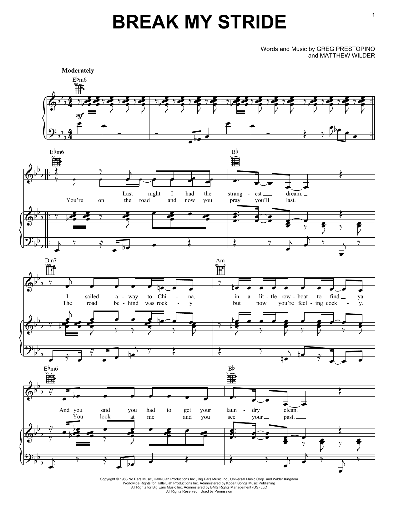 Matthew Wilder Break My Stride Sheet Music Notes & Chords for Piano, Vocal & Guitar (Right-Hand Melody) - Download or Print PDF
