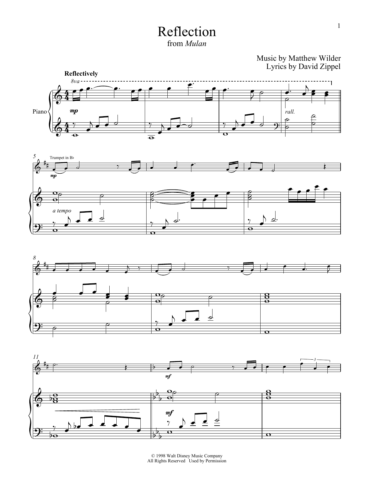 Matthew Wilder Reflection (from Mulan) Sheet Music Notes & Chords for Trumpet and Piano - Download or Print PDF