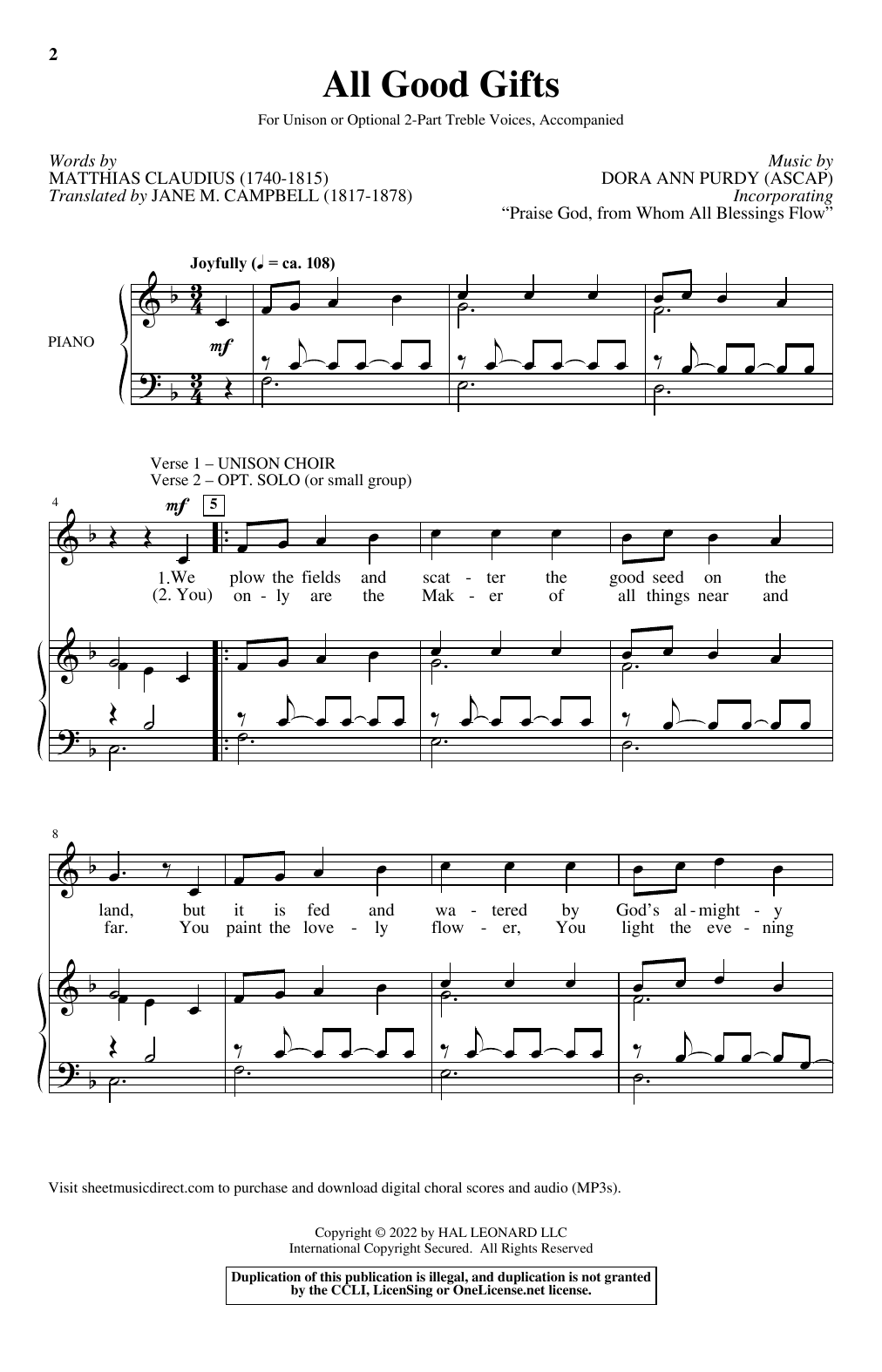 Matthias Claudius and Dora Ann Purdy All Good Gifts Sheet Music Notes & Chords for Choir - Download or Print PDF